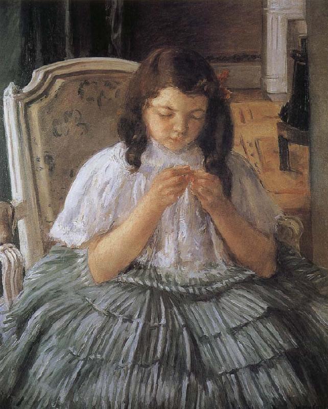 Mary Cassatt The girl is sewing in green dress China oil painting art